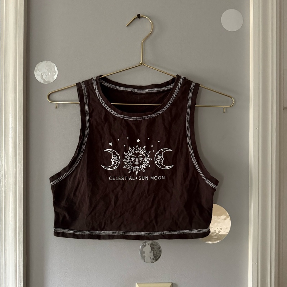 Celestial Sun Moon Brown Crop Top